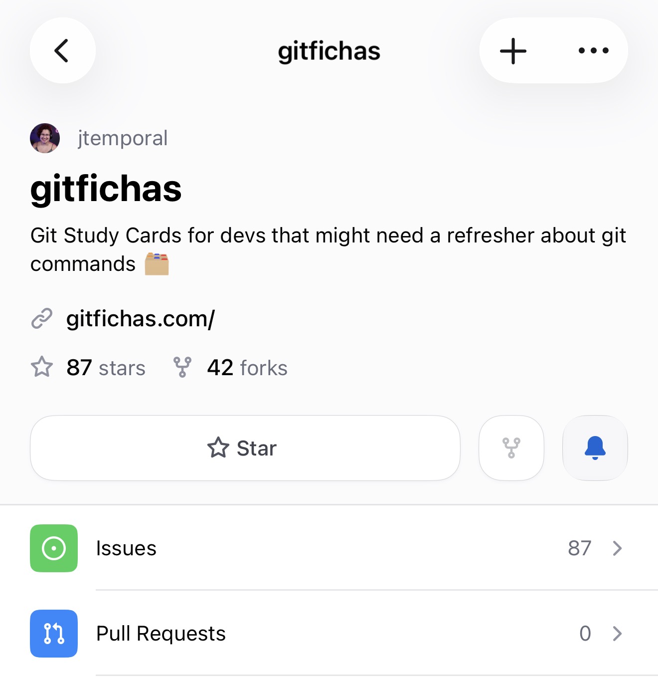 GitFichas repository showing no open pull requests