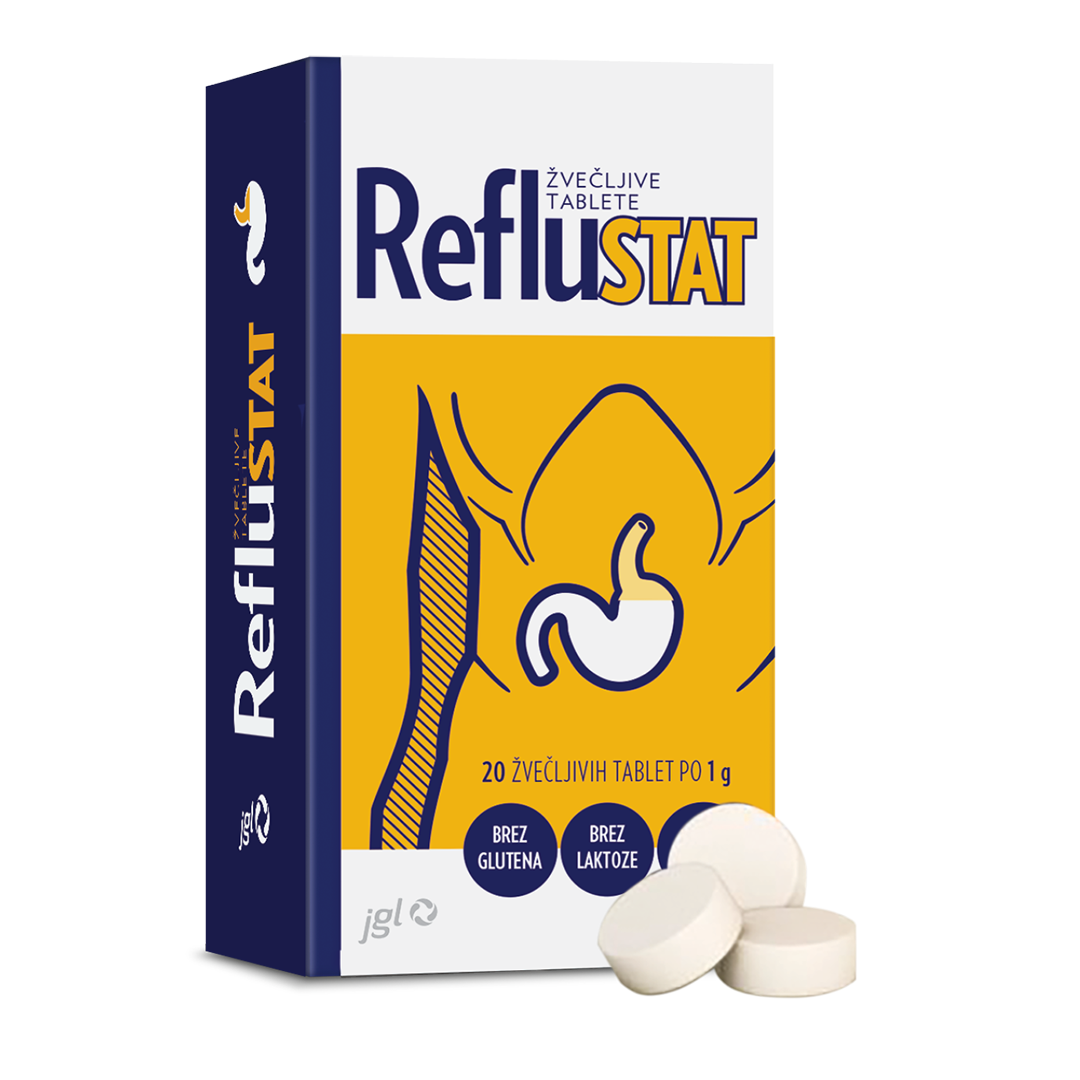 RefluSTAT žvečljive tablete, 20 tablet po 1 g – hitro olajšanje zgage, refluksa in prebavnih motenj.