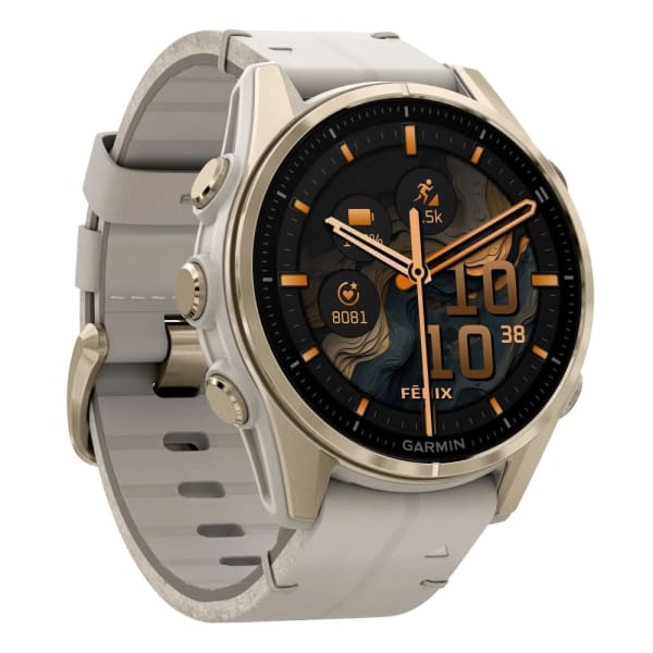 Garmin Fenix 8 — 43 мм AMOLED Sapphire Soft Gold Stainless Steel / Fog Gray Leather Band — 4