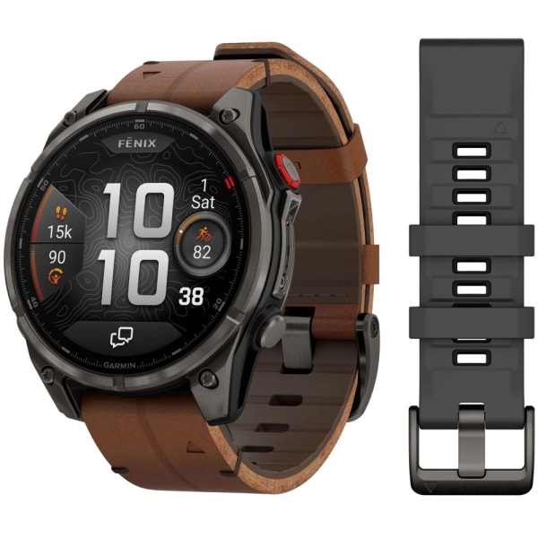 Garmin Fenix 8 Pro — 47 мм AMOLED Sapphire Carbon Grey DLC Titanium / Chestnut Leather Band