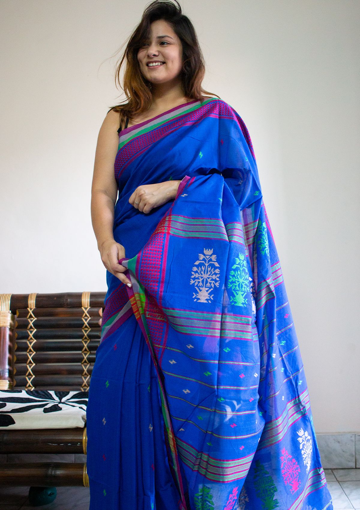 (Multi-color buta) Blue Cotton Handloom from Sausar