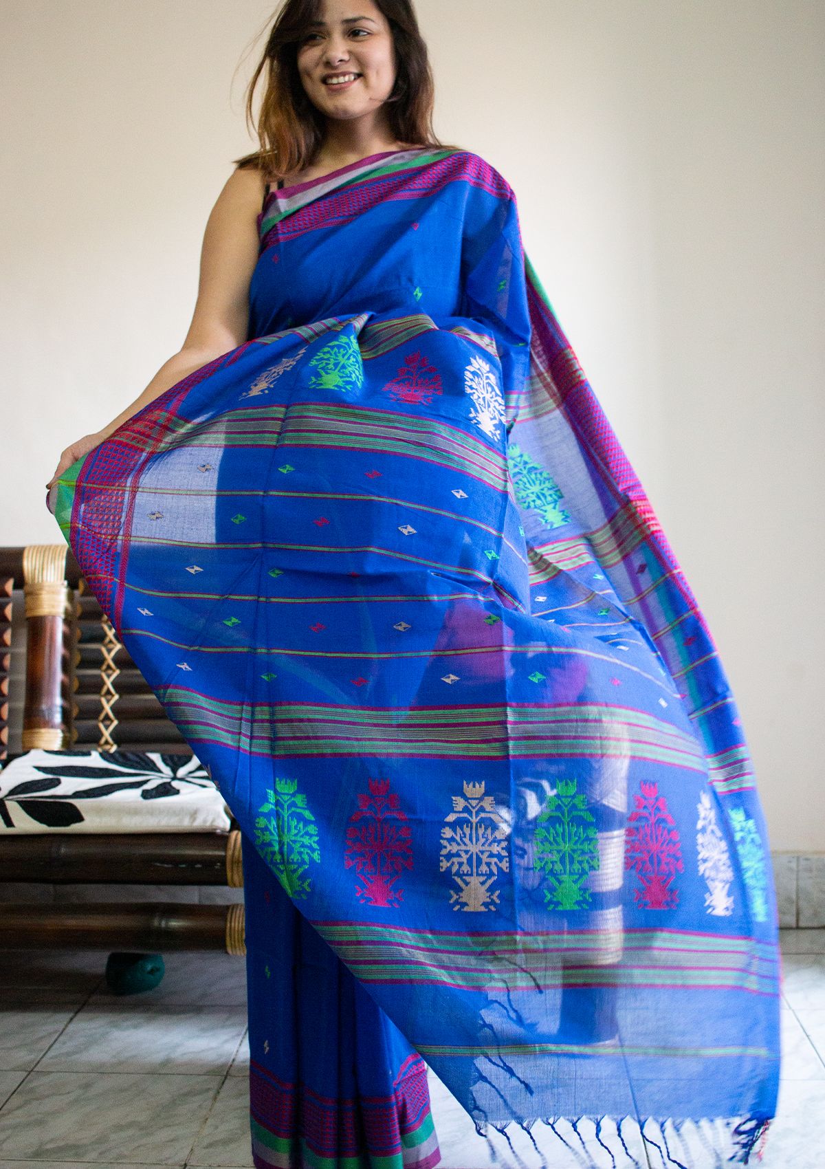 (Multi-color buta) Blue Cotton Handloom from Sausar