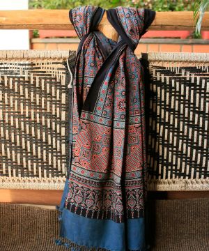 Ajrak Indigo Alizarin Hand Block Print Dupatta