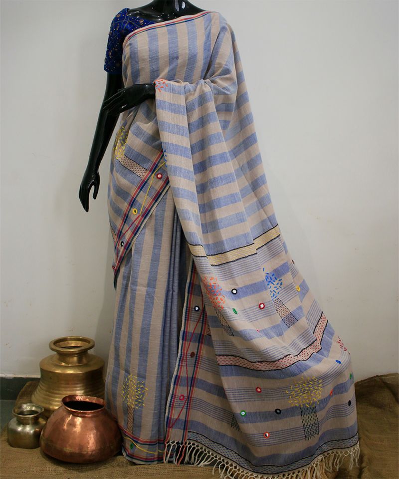 Mirror work Hand Embroidered Cotton Nandsundari Saree 003