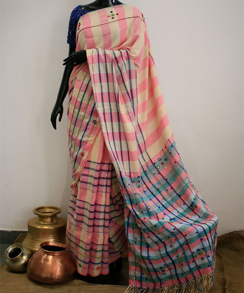 Mirror work Hand Embroidered Cotton Nandsundari Saree 008