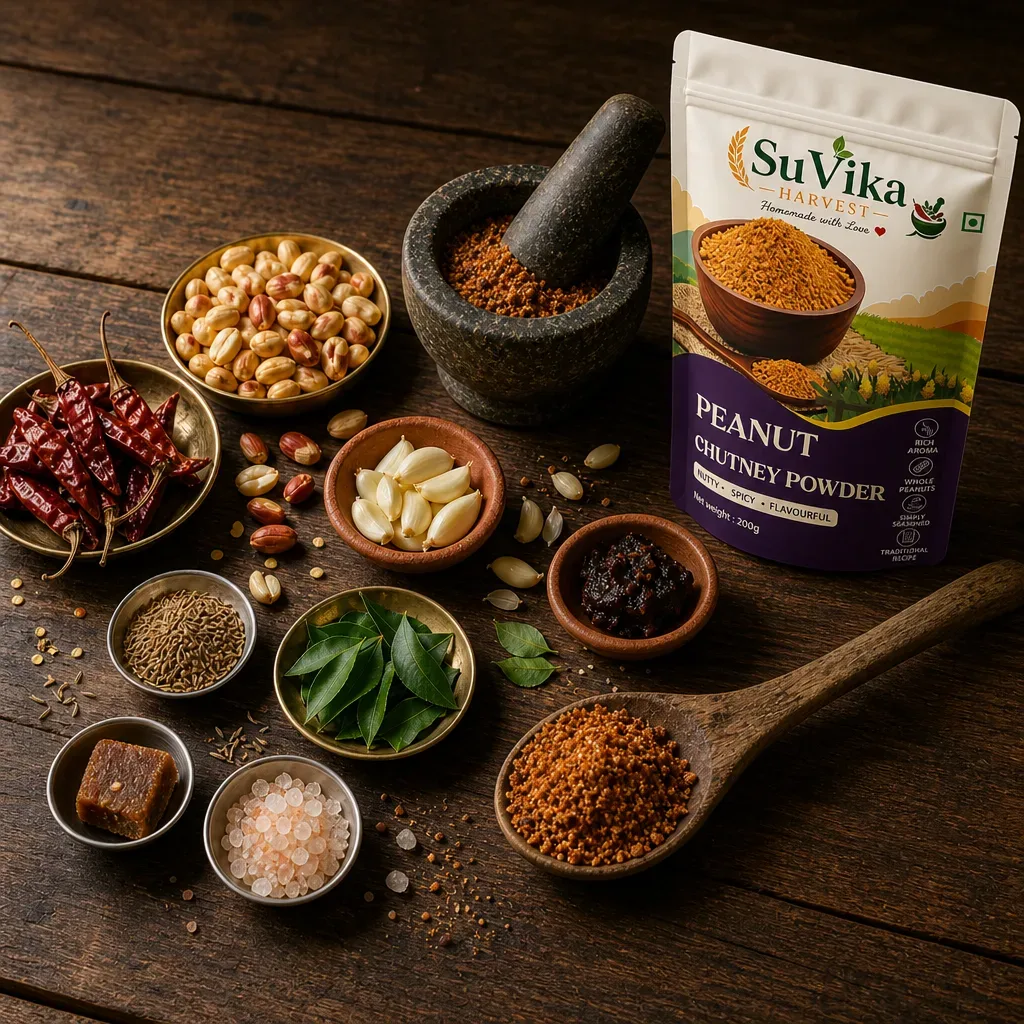 Peanut Chutney Powder — ingredients with pouch