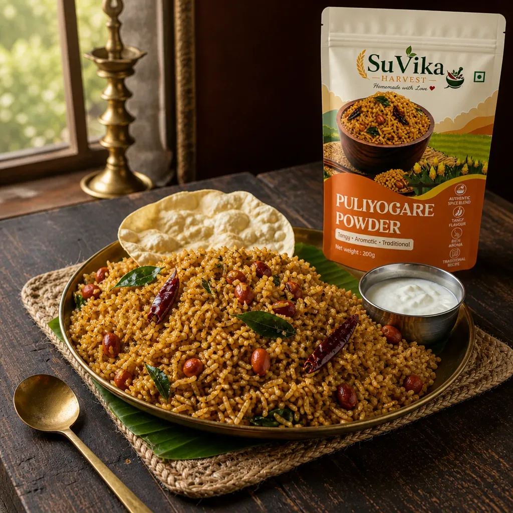 Puliogare Temple Style Powder — serving with pouch