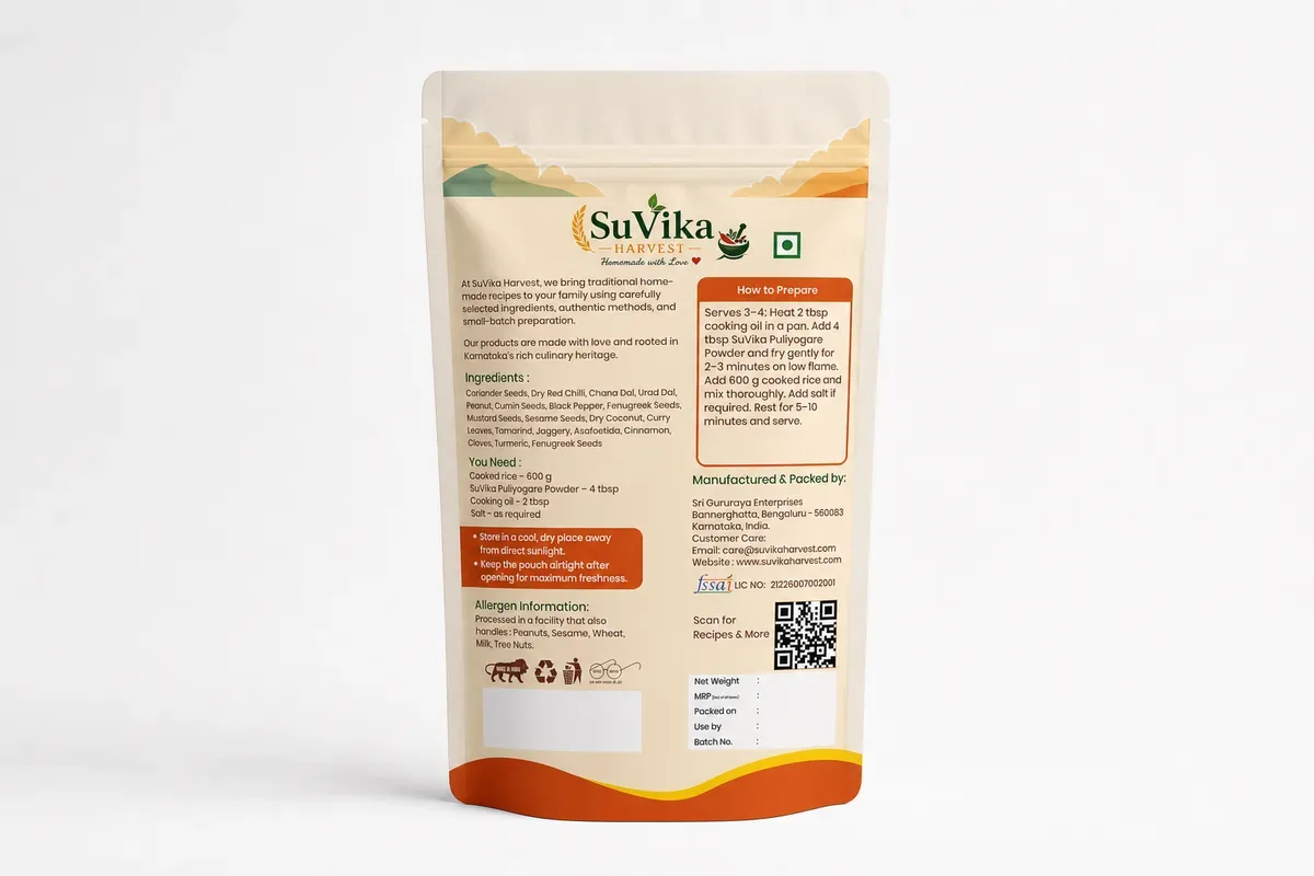 Puliogare Temple Style Powder — back label