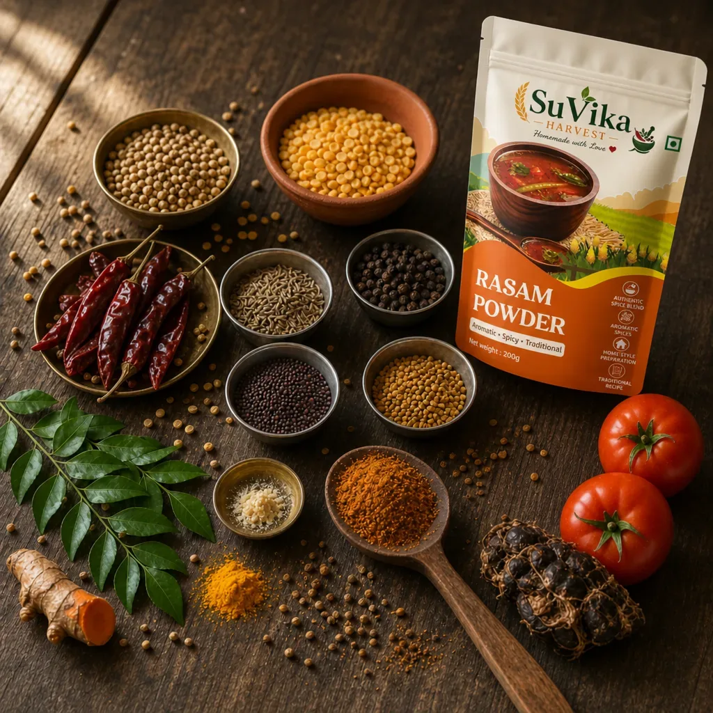 Rasam Powder — ingredients with pouch