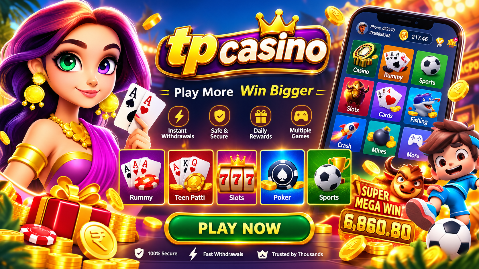 TP Casino promotional banner featuring live casino dealers, slots, Teen Patti, and roulette