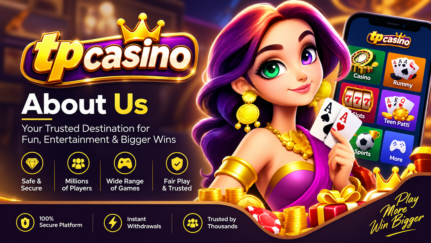 TP Casino About Us promotional banner featuring the TP Casino logo, a glamorous casino character holding playing cards, mobile casino games, gold coins, and highlights for secure play, fair gaming, and a wide range of games.