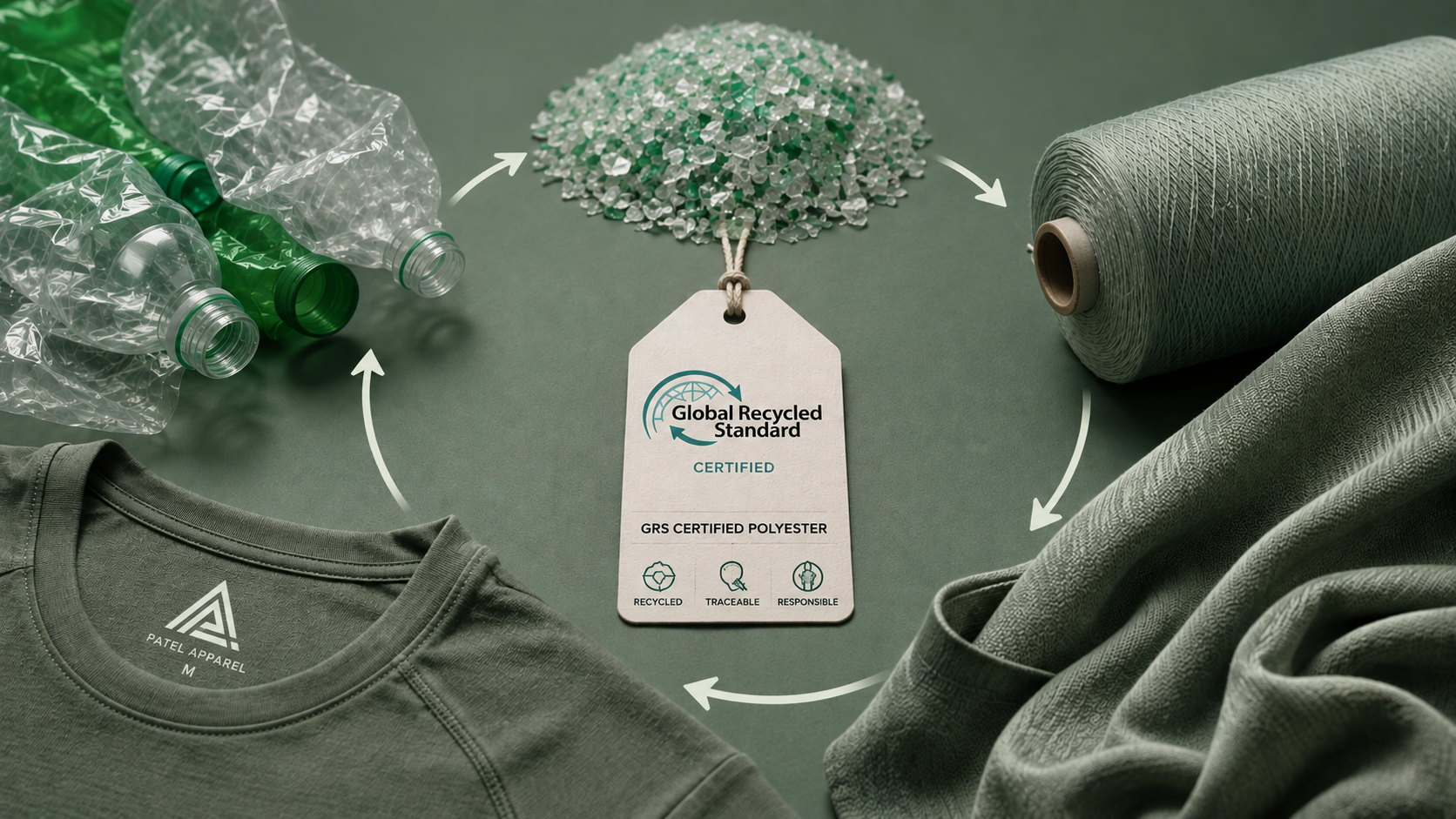 We source certified Global Recycled Standard (GRS) polyester, transforming post-consumer materials into high-performance knits.