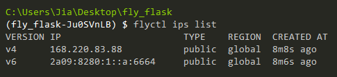 查看 IP (flyctl ips list)