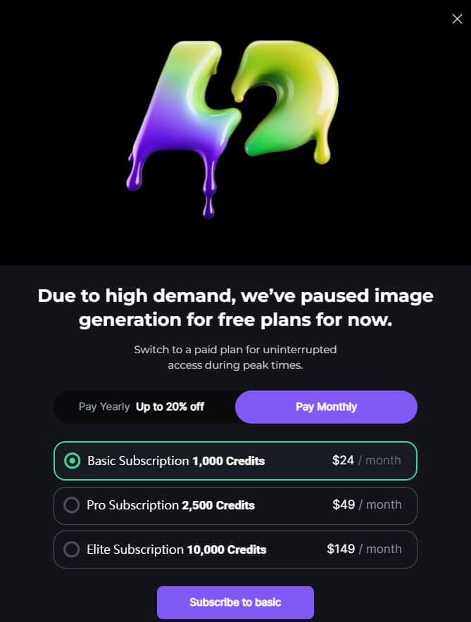 訊息:Due to high demand, we've paused image generation for free plans for now.