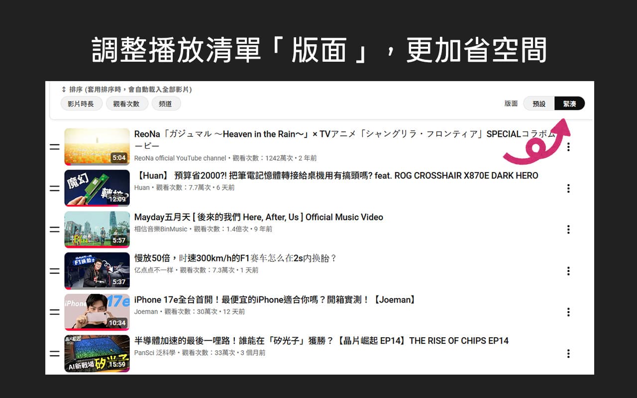 「緊湊」佈局可以在相同畫面下呈現更多影片