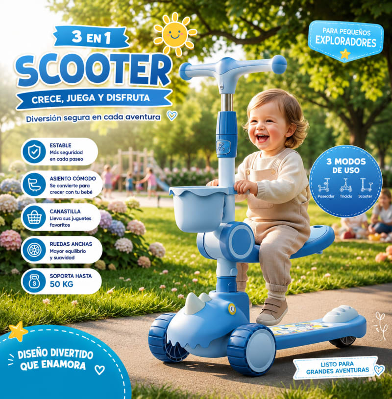 Scooter infantil 3 en 1 diseño dinosaurio 1