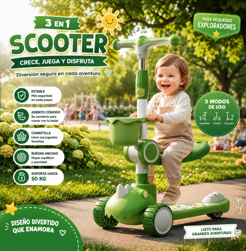 Scooter infantil 3 en 1 diseño dinosaurio 3