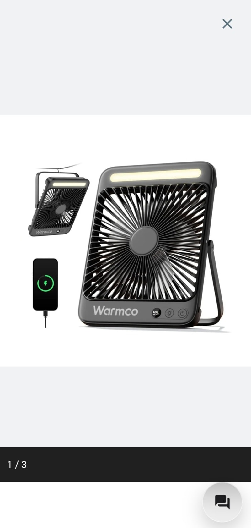 Warmco D4 Ventilador Recargable Bateria de 20000mAh + Luz LED 1