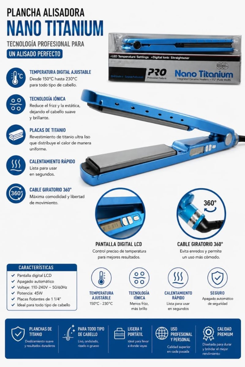 PLANCHA DE PELO 250°C NANO TITANIUM (CELESTE) 1