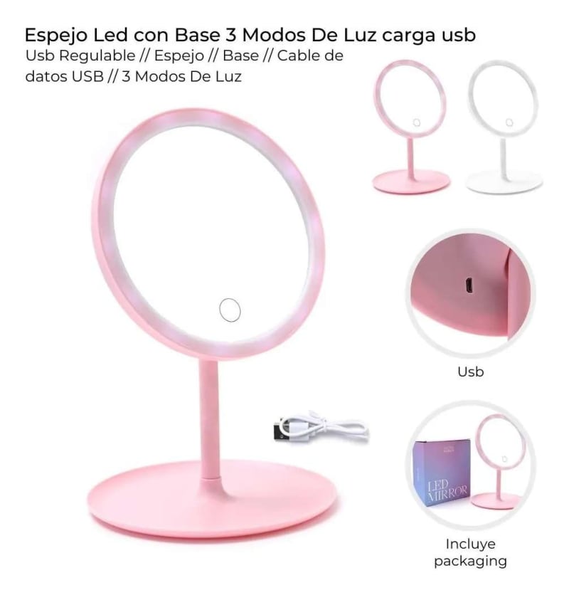 ESPEJO DE MAQUILLAJE c/LUZ LED BASE RECARGABLE 1