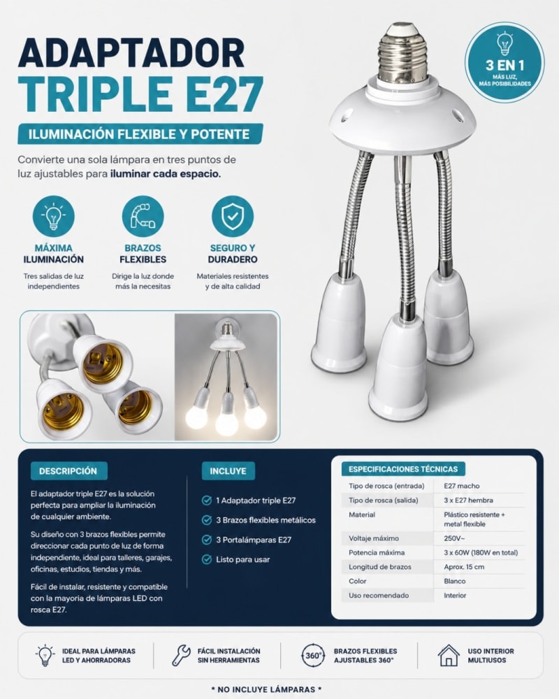 E27 ADAPTADOR PORTALAMPARA TRIPLE BRAZO FLEXIBLE 1