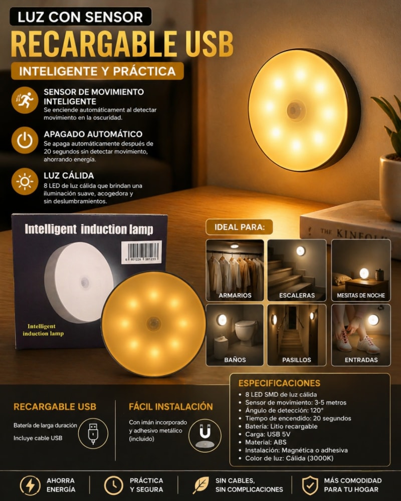 LUZ CON SENSOR RECARGABLE USB CALIDA 1