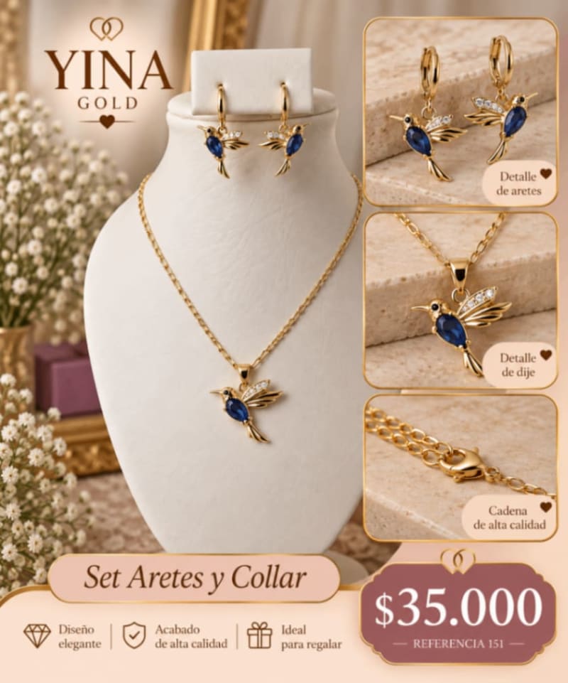SET DE ARETES Y COLLAR COLIBRI CIRCON AZUL 1