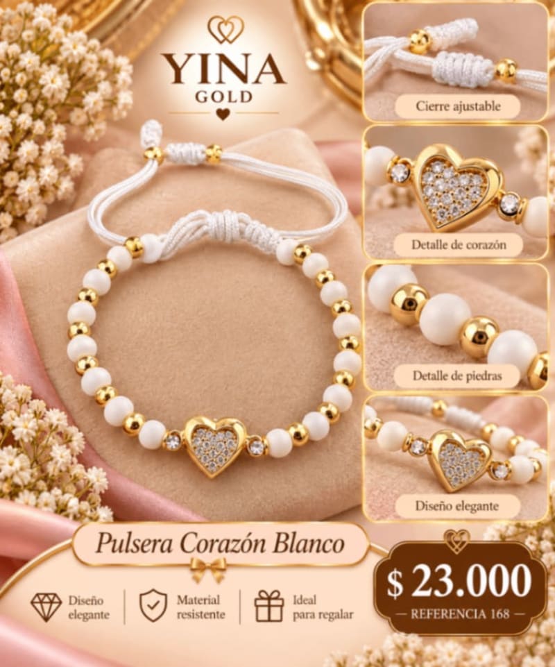 PULSERA TEGIDA BLACA CORAZON DORADO 1