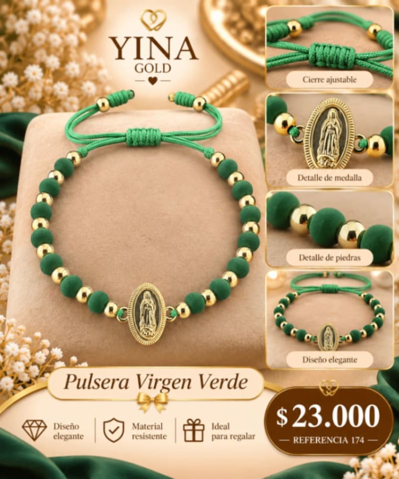 PULSERA TEGIDA VERDE VIRGEN DORADA 1