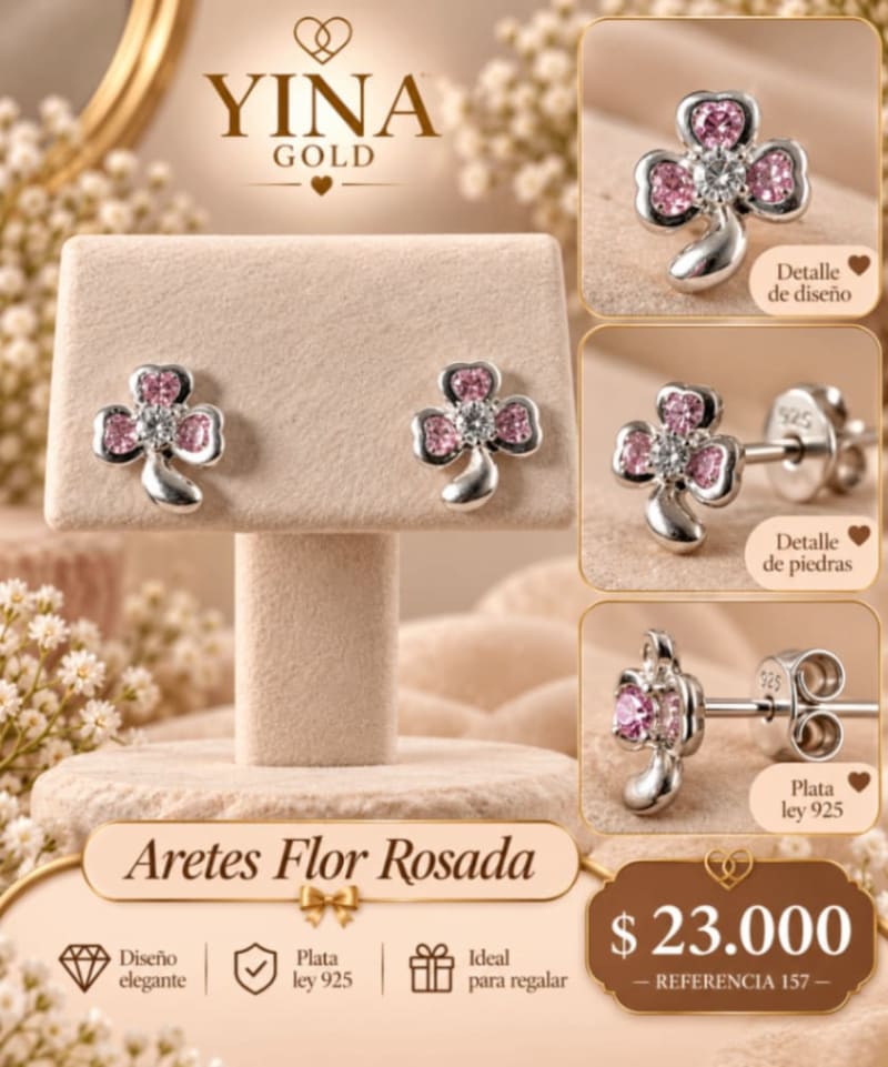 ARETES EN PLATA LEY 925 TREBOL ROSA 1