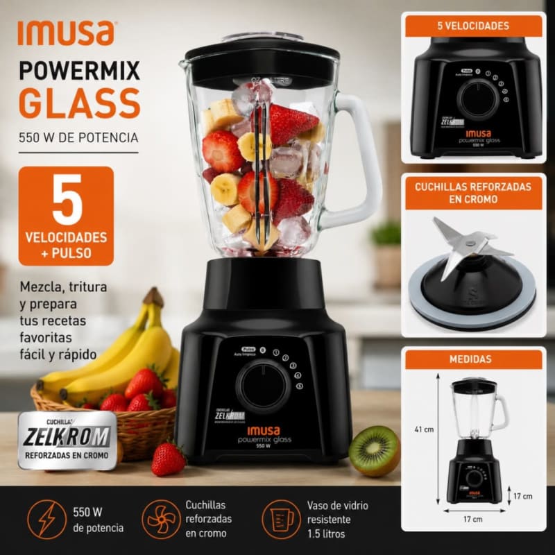 Licuadora Imusa Powermix Glass 5 Velocidades Negra Color Negro 3