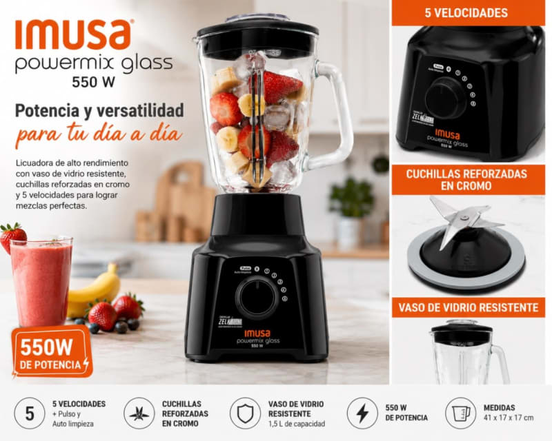 Licuadora Imusa Powermix Glass 5 Velocidades Negra Color Negro 2
