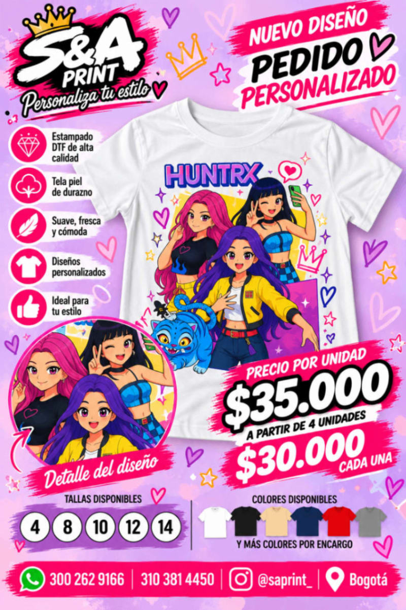 DISEÑOS PERSONALIZADOS NIÑA  SUBLIMACIÓN O DTF DE ALTA CALIDAD TELA PIEL DE DURAZNO O SEDA FRIA 1