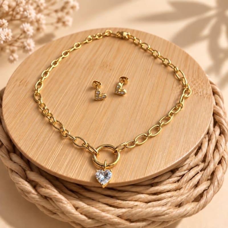 Set cadena dorada dije corazón + topos corazón 1