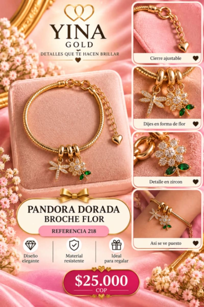 Pandora dorada broche flor 1