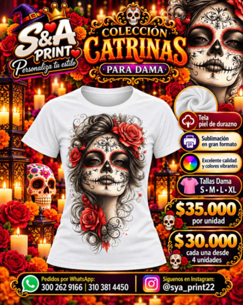 CAMISETA DAMA PIEL DE DURAZNO CATRINA SUBLIMADA FULL COLOR GRAN FORMATO 1