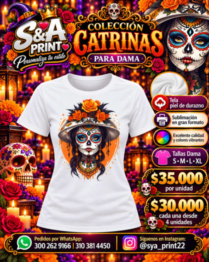 CAMISETA DAMA PIEL DE DURAZNO CATRINA SUBLIMADA FULL COLOR GRAN FORMATO 1