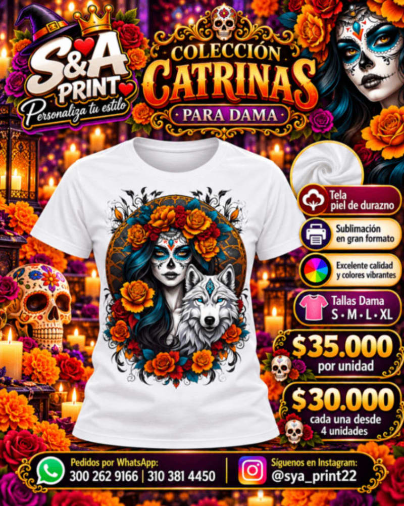 CAMISETA DAMA PIEL DE DURAZNO CATRINA SUBLIMADA FULL COLOR GRAN FORMATO 1
