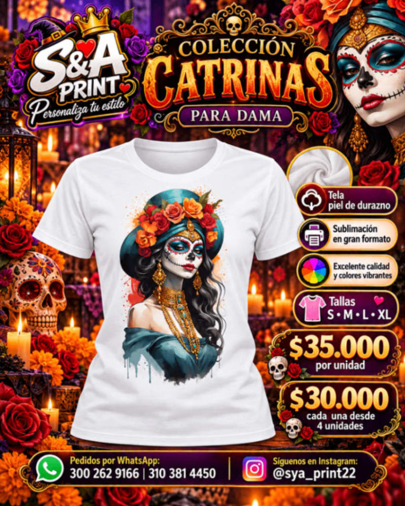 CAMISETA DAMA PIEL DE DURAZNO CATRINA SUBLIMADA FULL COLOR GRAN FORMATO 1