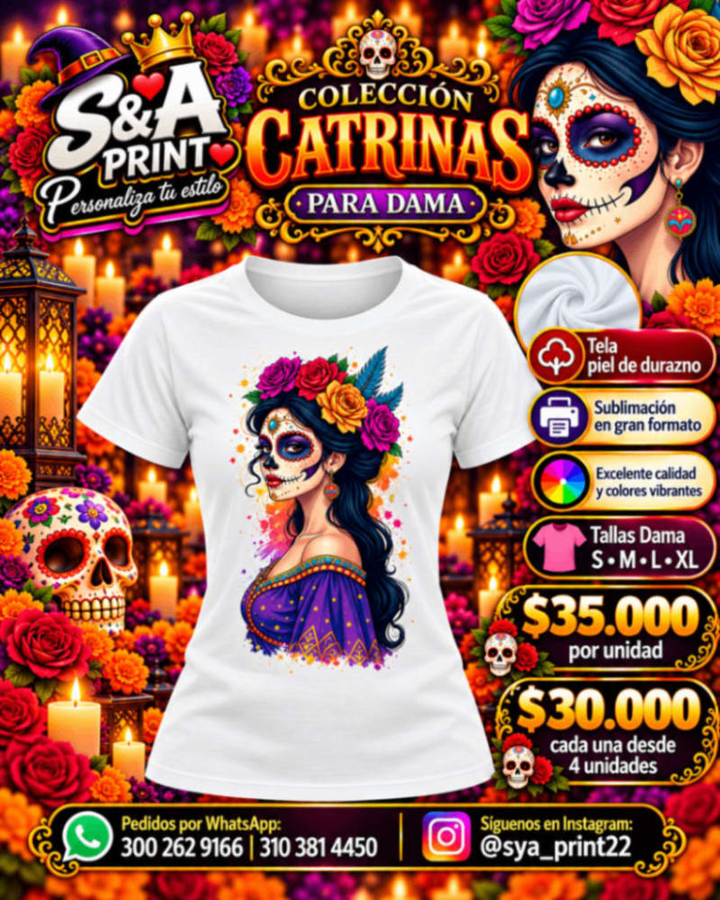 CAMISETA DAMA PIEL DE DURAZNO CATRINA SUBLIMADA FULL COLOR GRAN FORMATO 1