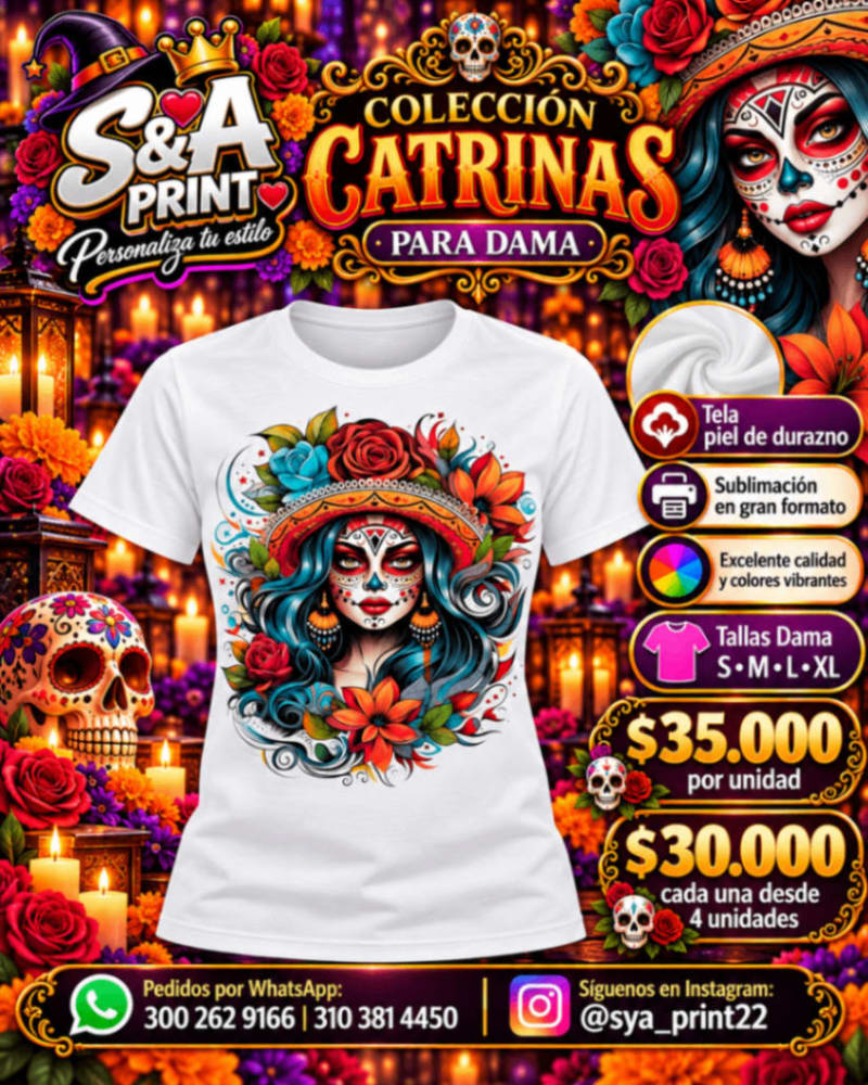 CAMISETA DAMA PIEL DE DURAZNO CATRINA SUBLIMADA FULL COLOR GRAN FORMATO 1