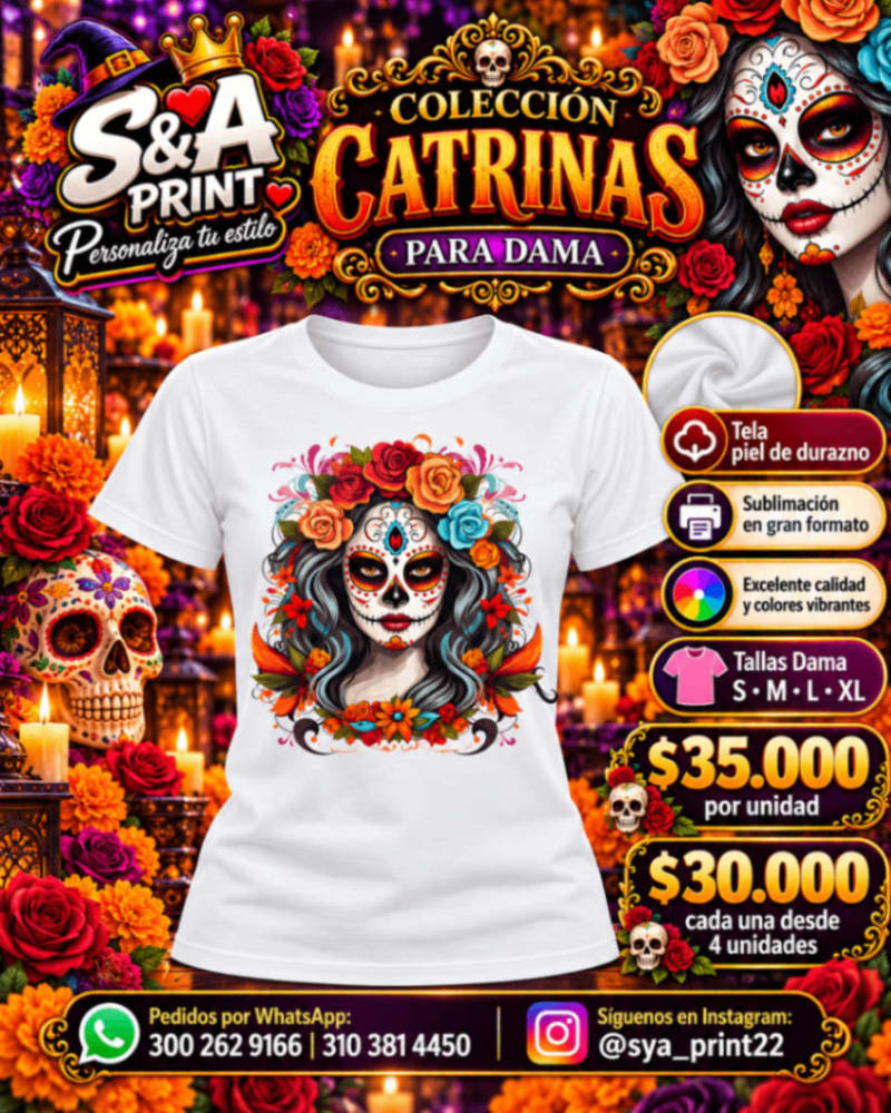 CAMISETA DAMA PIEL DE DURAZNO CATRINA SUBLIMADA FULL COLOR GRAN FORMATO 1