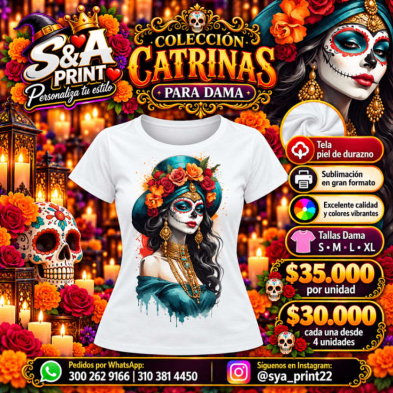 CAMISETA DAMA PIEL DE DURAZNO CATRINA SUBLIMADA FULL COLOR GRAN FORMATO 1