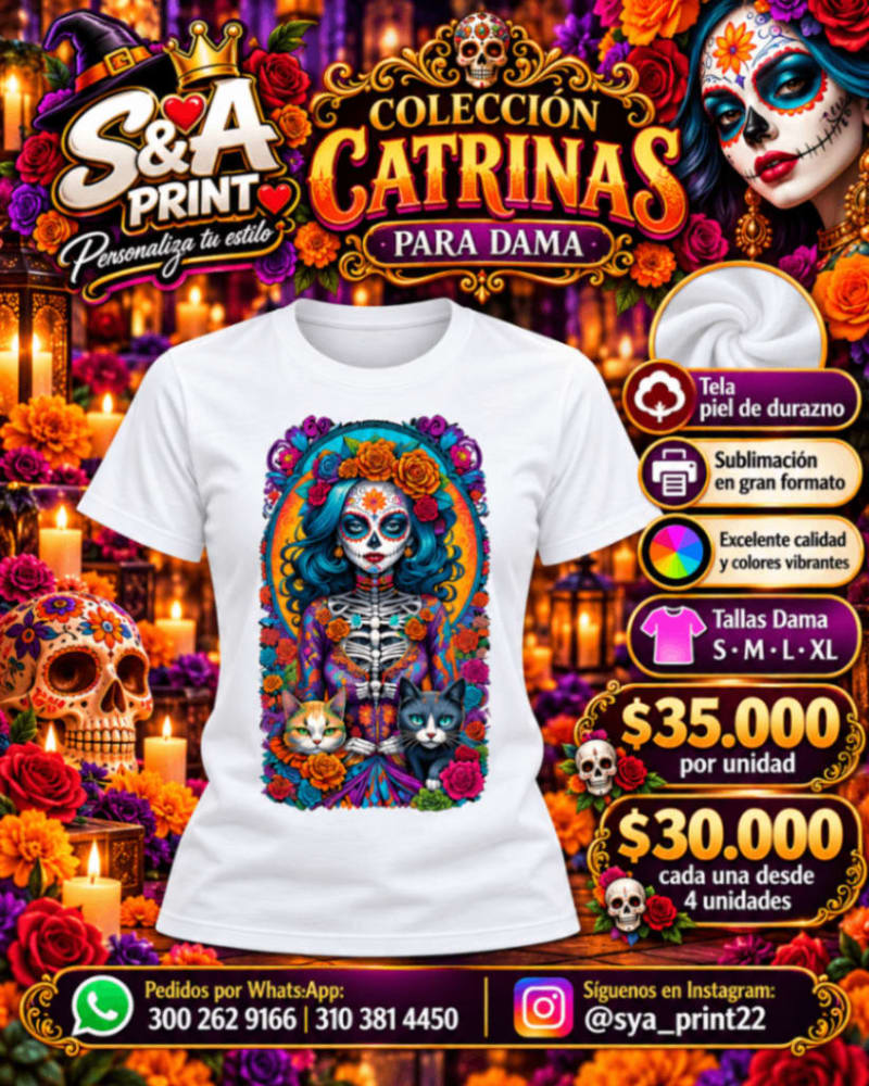 CAMISETA DAMA PIEL DE DURAZNO CATRINA SUBLIMADA FULL COLOR GRAN FORMATO 1