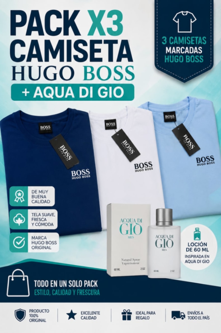 🌟PACK X3 CAMISETA HUGO BOSS +AQUA DI GIO  SON TRES CAMISETAS MARCADAS HUGO BOSS  De muy buena calidad,  manejamos 3 tallas  la locion es de 60 ml, inspirada en la aqua di gio 1