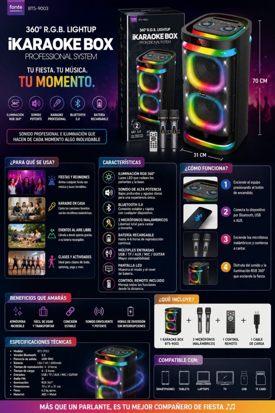 BTS-1990 PARLANTE 2X8PLG C/2 MIC LUZ RGB BT/FM/MP3 1