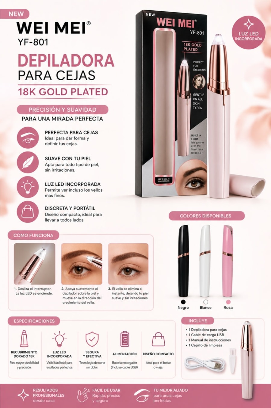DEPILADOR FACIAL CEJAS RECARGABLE R/N/B 1