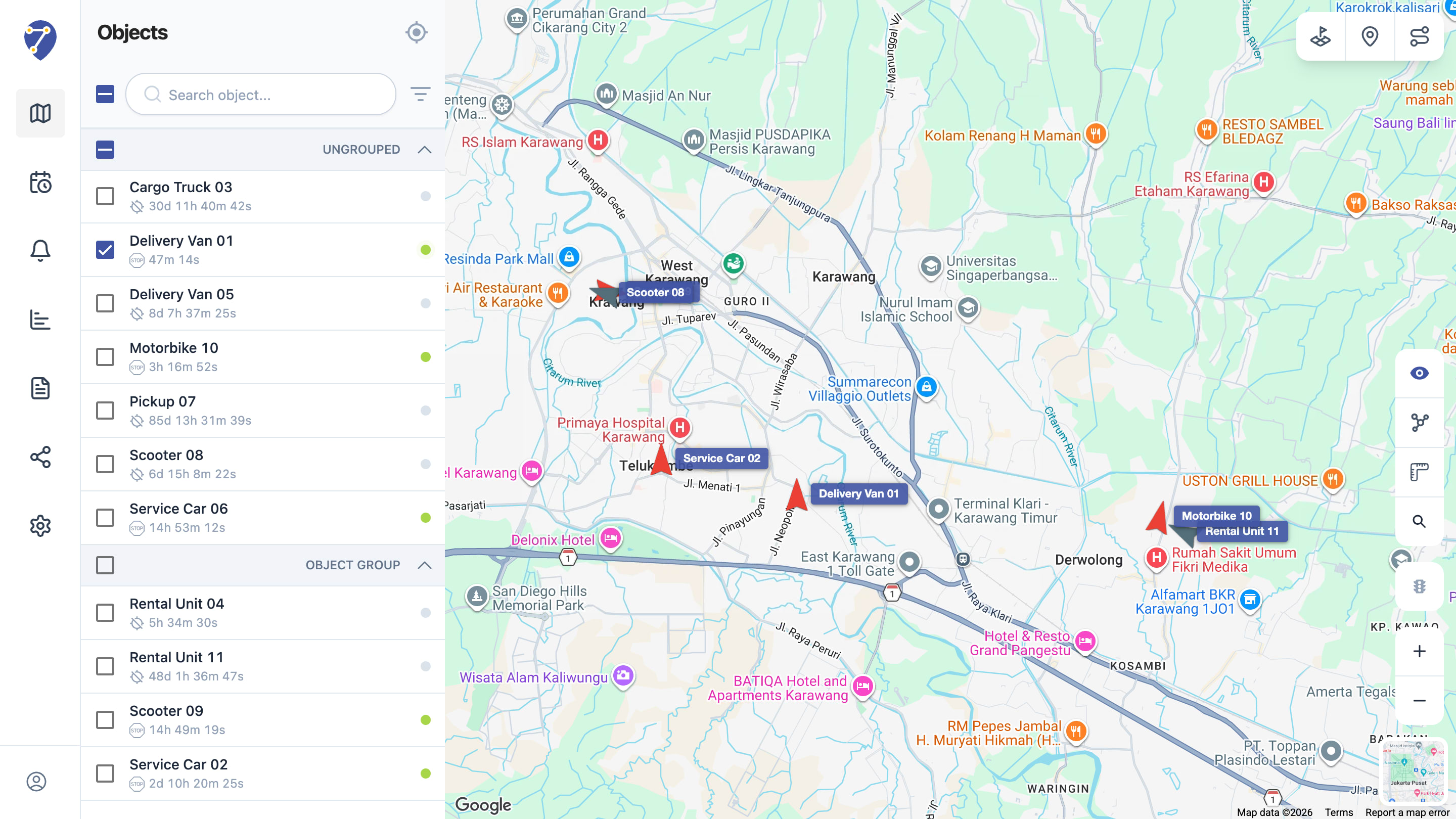 Jitra live map with several tracked vehicles and one selected vehicle showing its latest location and status.