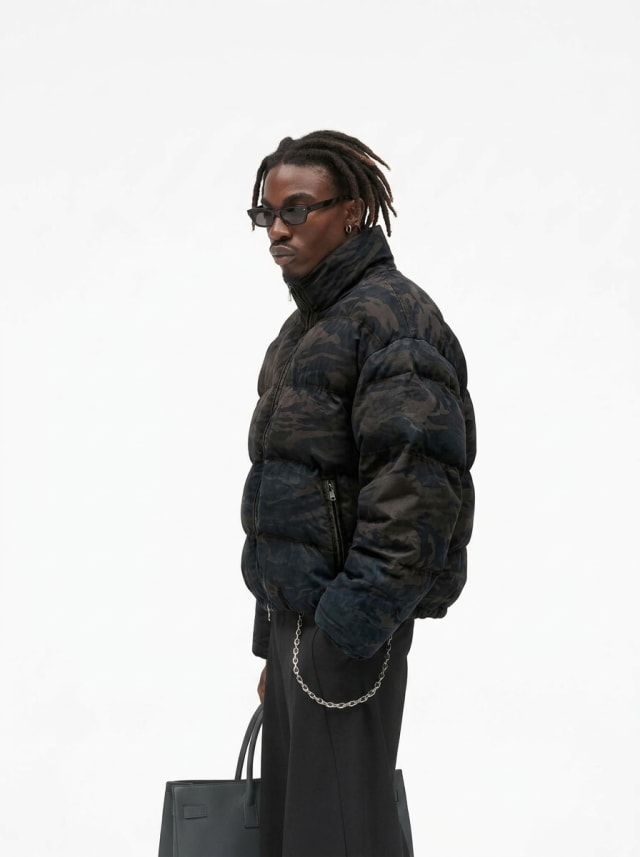 Male model wearing a dark camouflage puffer jacket in a fashion image.