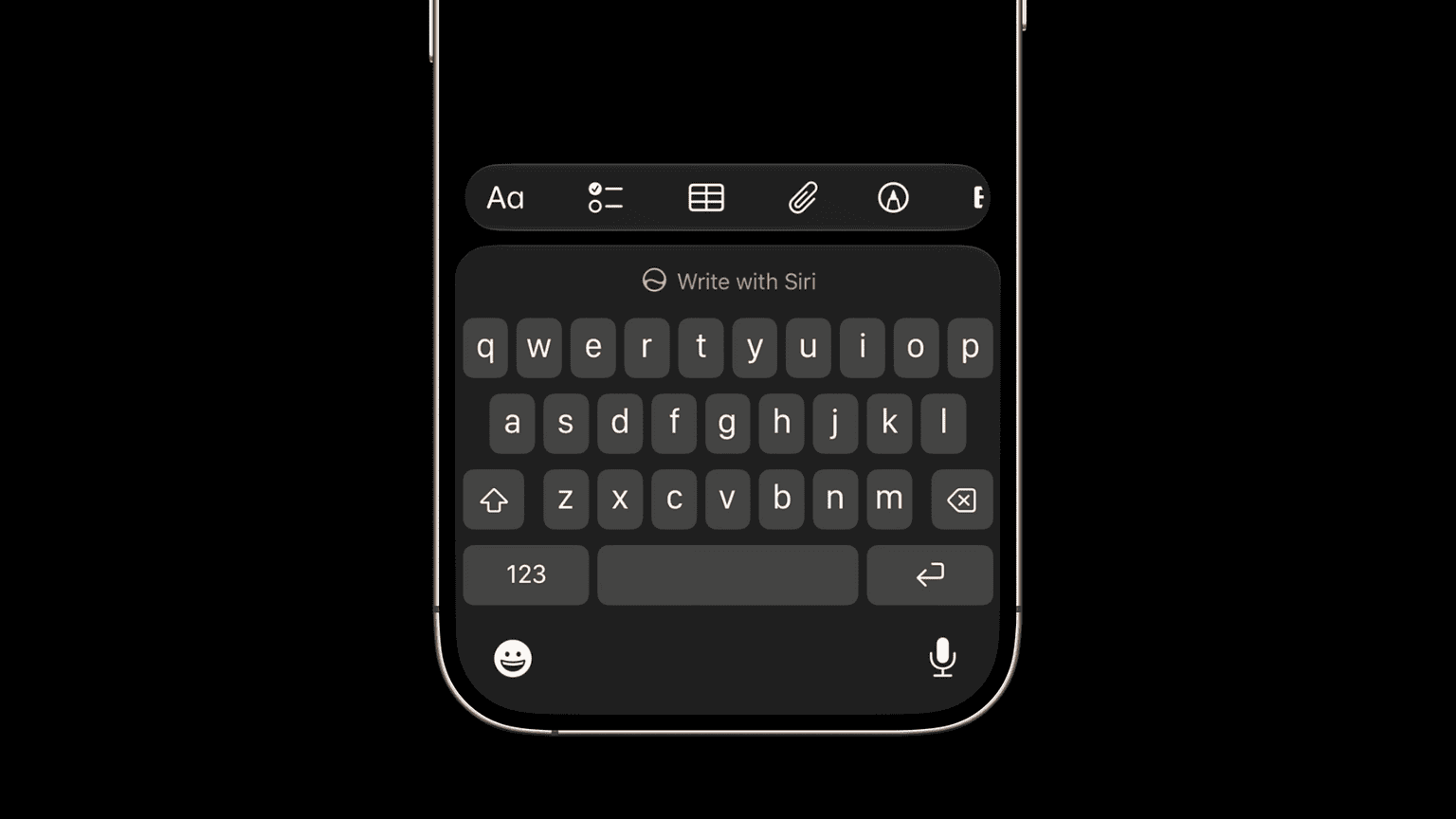 Write with Siri button above the iPhone keyboard in Notes